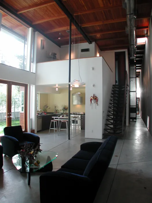 Interior view of the kitchen and office loft at 310 Waverly Residence in Palo Alto, California.