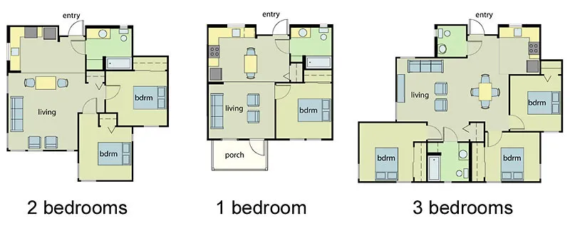 Floor plans for one, two and three-bedrooms at Stoney Pine Villa in Sunnyvale, California.
