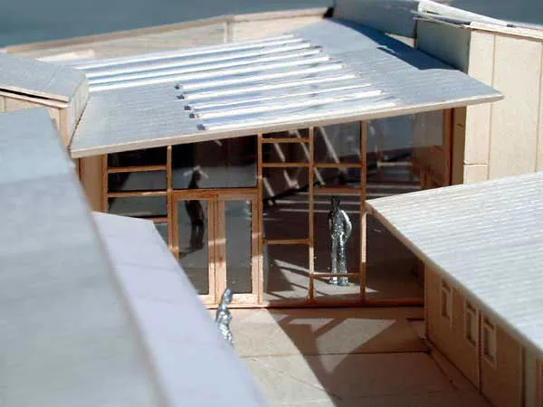 Scaled model view of side entrance to common space at UCMBEST in Marina, California.