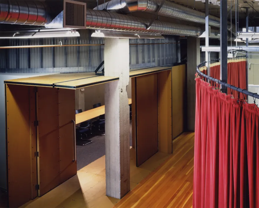 View of the entrance to the first floor conference room from the second floor at Frogdesign Studio in San Francisco. 