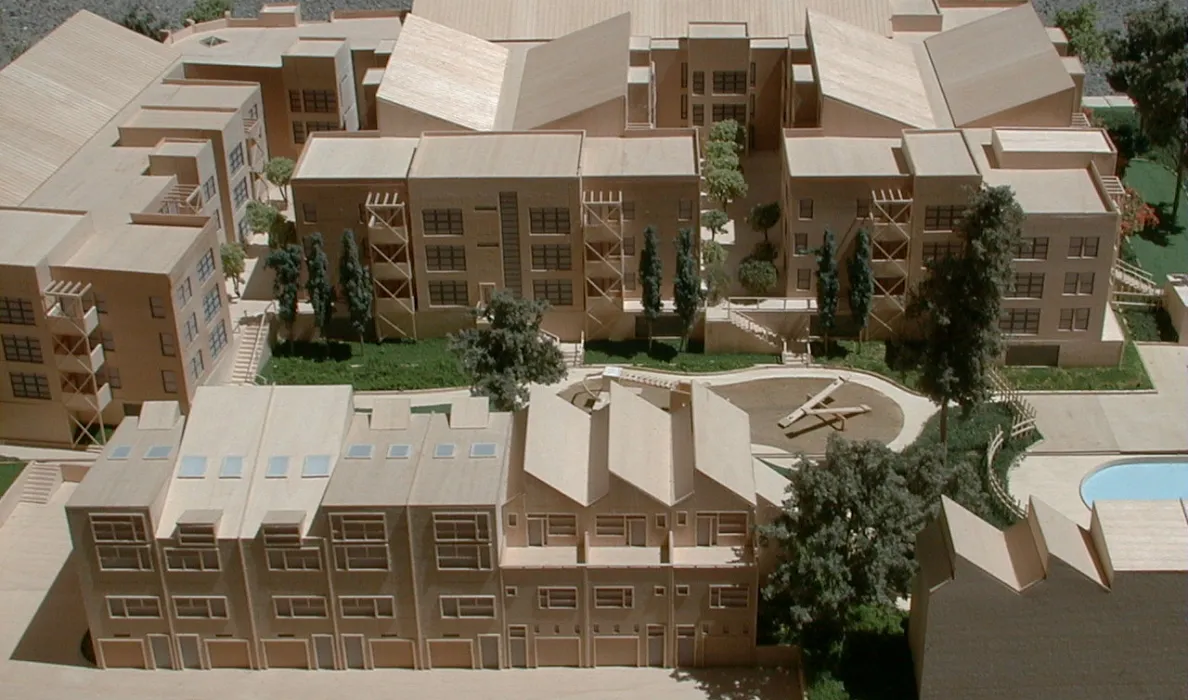 3D model of the rear and courtyard at Coggins Square in Walnut Creek, California.