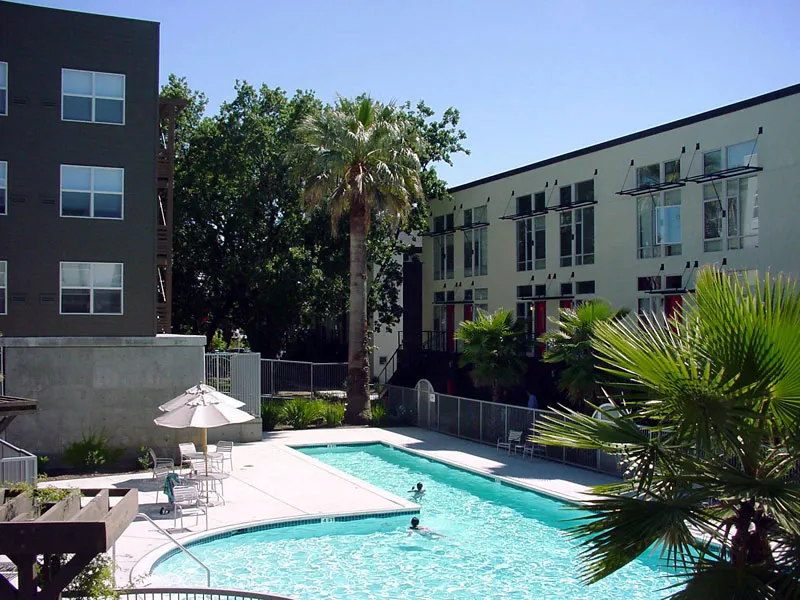 Pool and courtyard at Coggins Square in Walnut Creek, California.