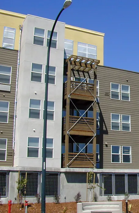 Exterior view of the balconies at Coggins Square in Walnut Creek, California.