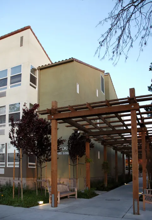 Exterior view of pergola at Mabuhay Court in San Jose, Ca.