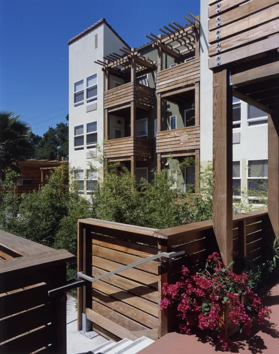 Looking out from a stoop to the courtyard at Mabuhay Court in San Jose, Ca.