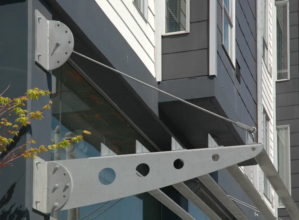 Awning detail above retail spaces at 8th & Howard/SOMA Studios in San Francisco, Ca.