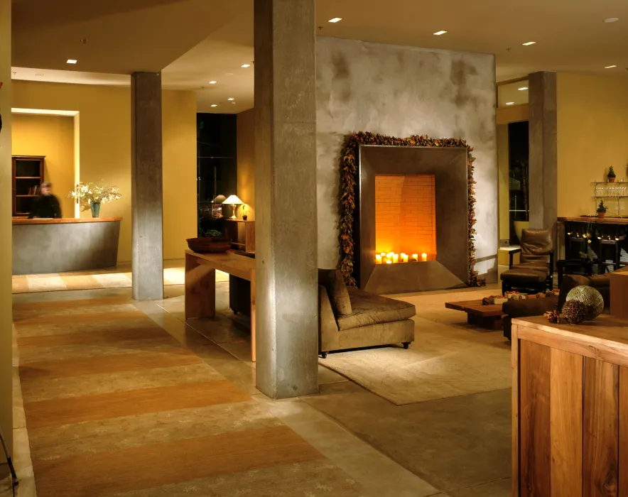 Fireplace in the lobby of Hotel Healdsburg in Healdsburg, Ca