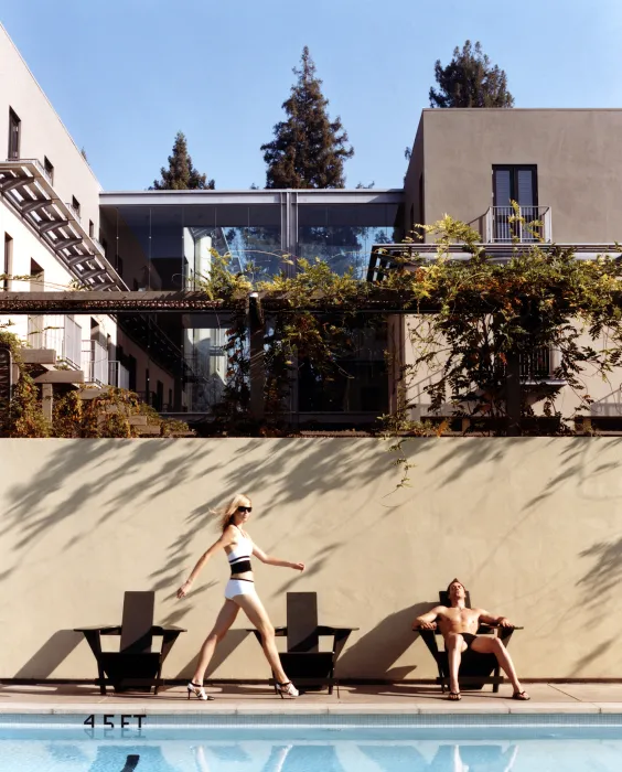 Women walking along the pool deck at Hotel Healdsburg in Healdsburg, Ca.