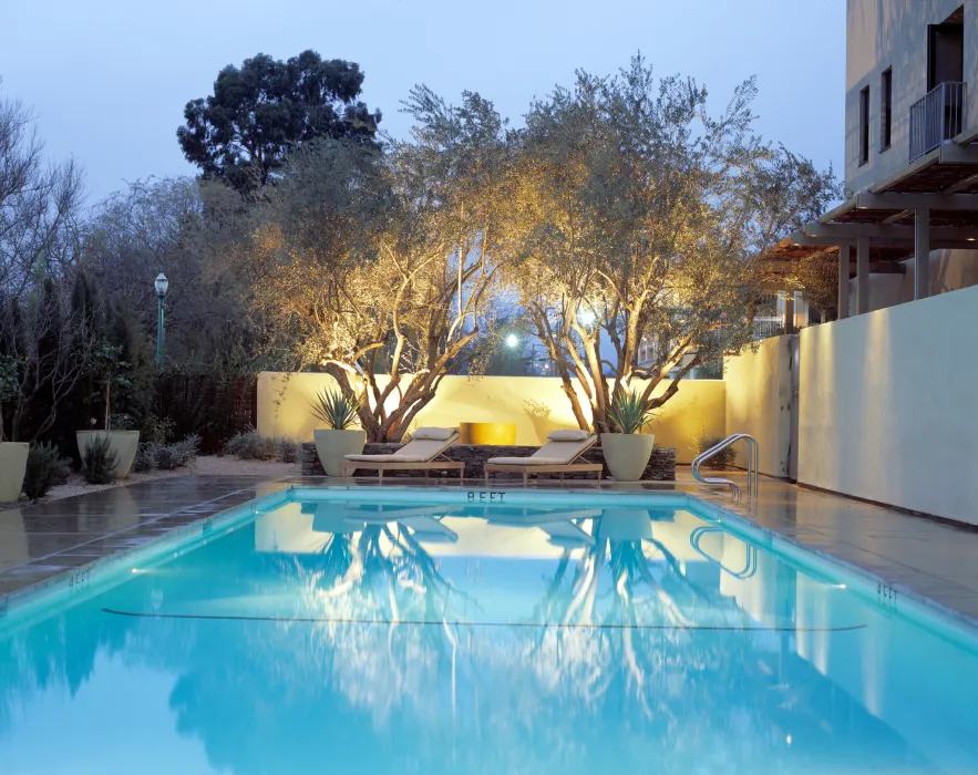 Pool at dusk at Hotel Healdsburg in Healdsburg, Ca.