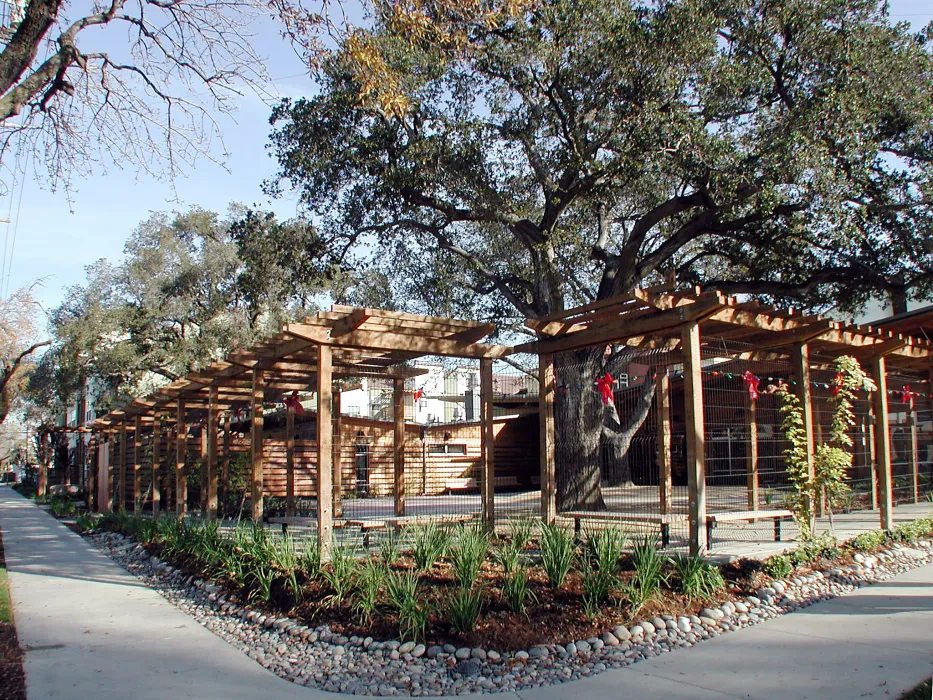 Exterior view of the public park and meditation garden at Northside Community Center in San Jose, California.