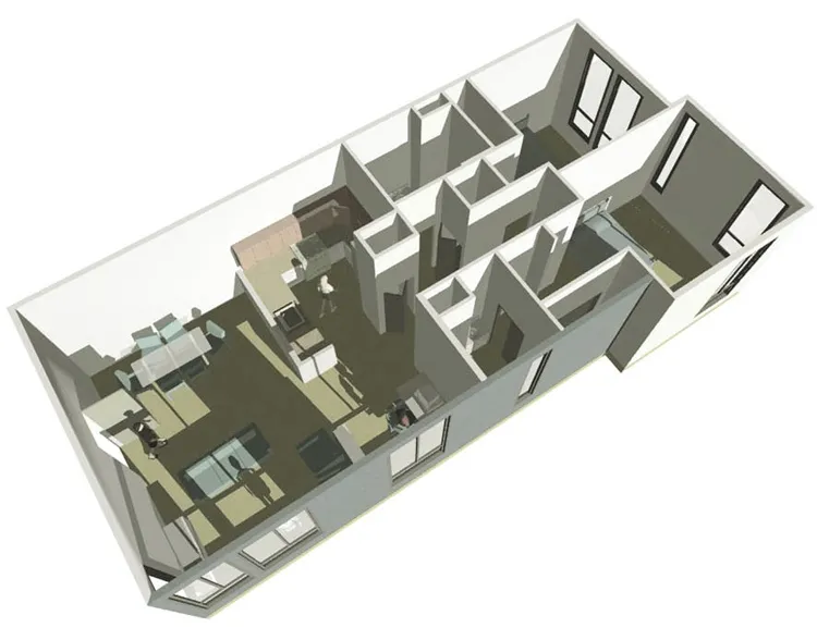 3D visualization of the two bedroom with a loft unit floor plan for Metro Lofts.