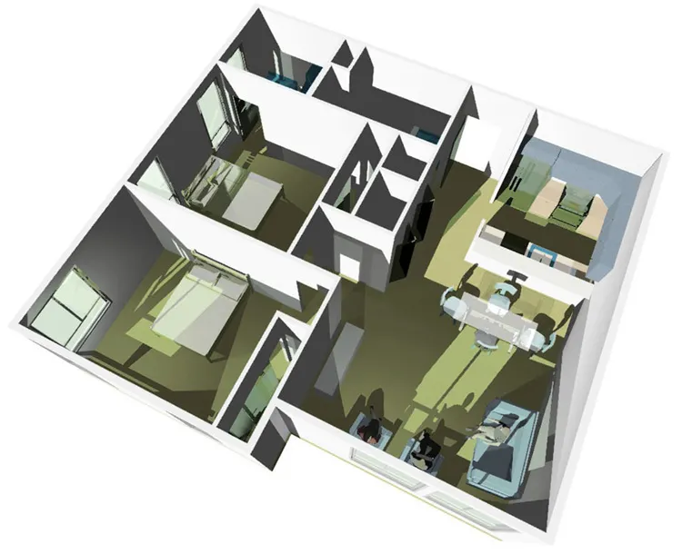 3D visualization of the two bedroom unit floor plan for Metro Lofts.