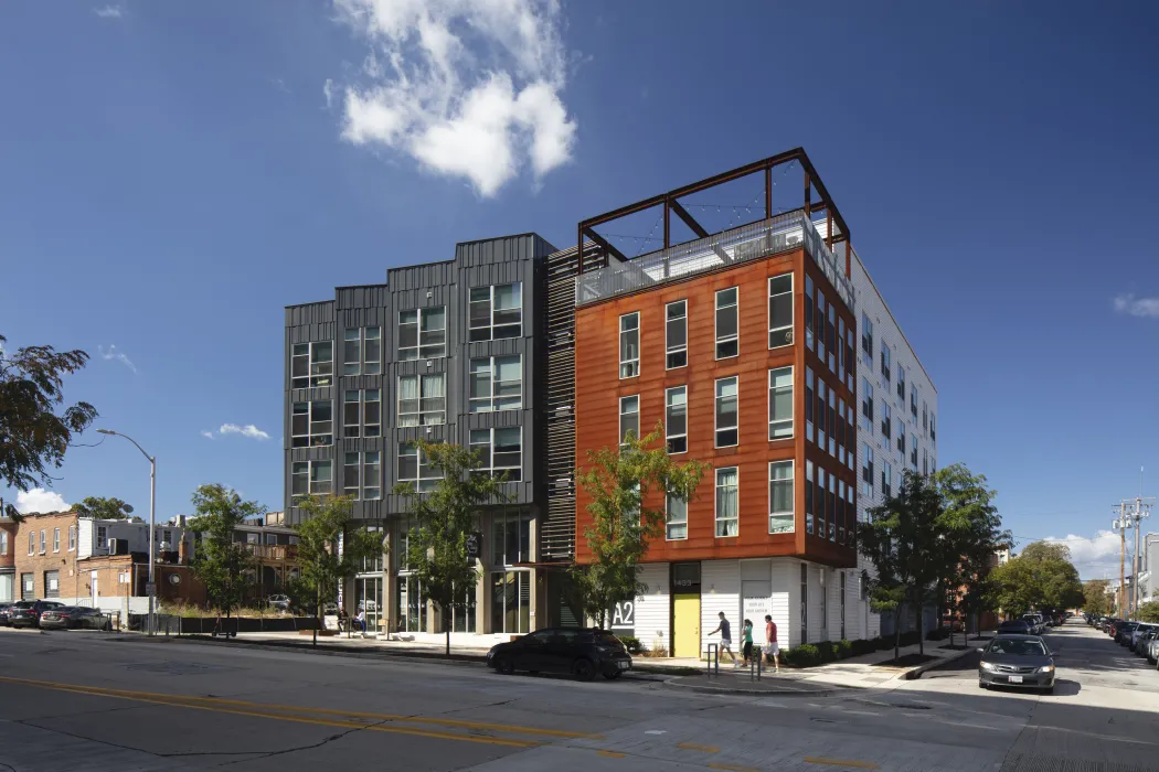 Exterior view of A2 Apartments in Baltimore, Maryland.