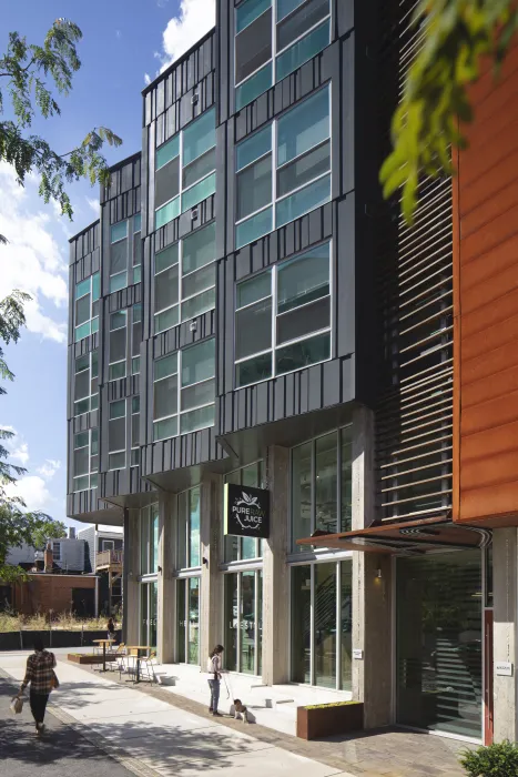 Exterior view of retail at A2 Apartments in Baltimore, Maryland.