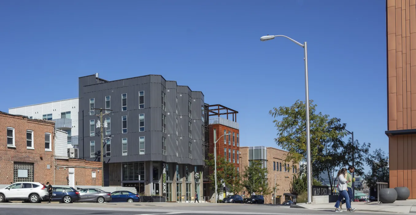 Exterior view of A2 Apartments in Baltimore, Maryland.