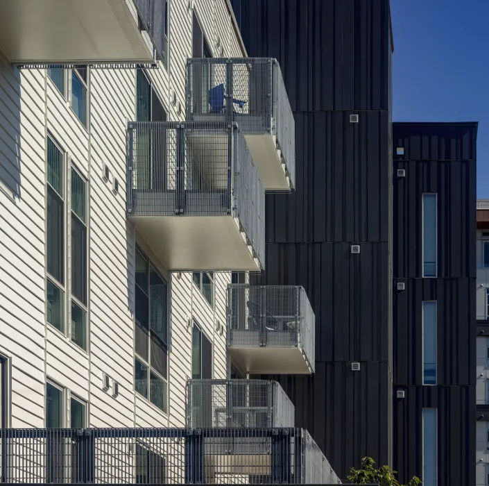 Exterior view of balconies at A2 Apartments in Baltimore, Maryland.