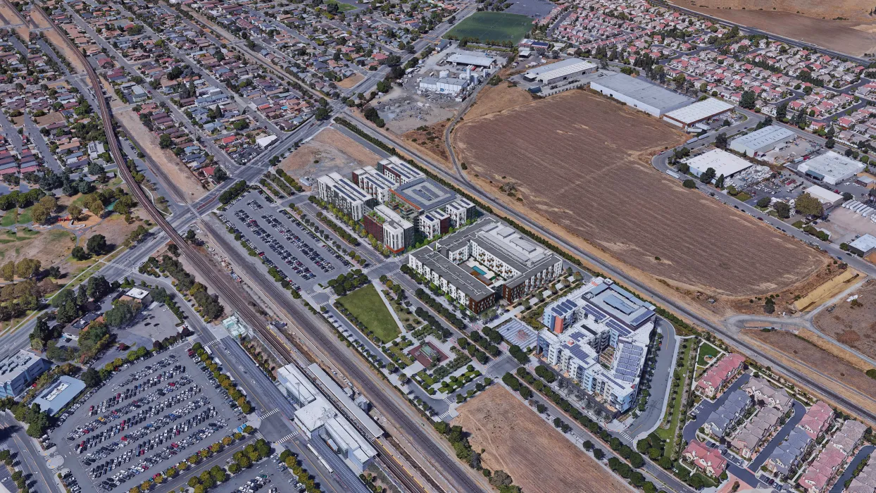 Aerial view showing the rendering of Windflower II to the north, the Union Flats next door, and Station Center Family Housing to the south in Union city