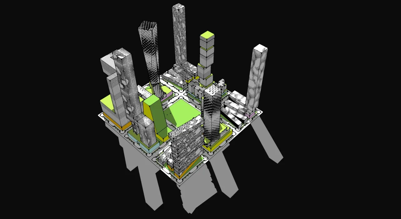 Aerial plan of humanCITY showing the density.