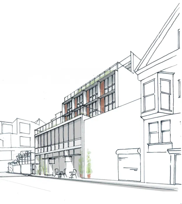 Sketch of exterior view of OME in San Francisco, CA.