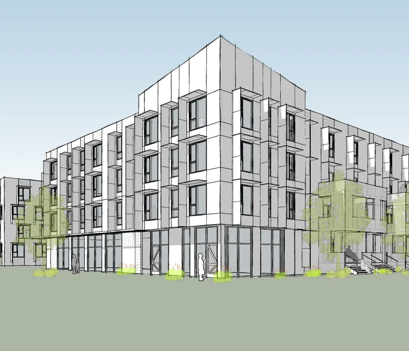 Drawing of exterior view of Lee Walker Heights in Asheville, North Carolina.