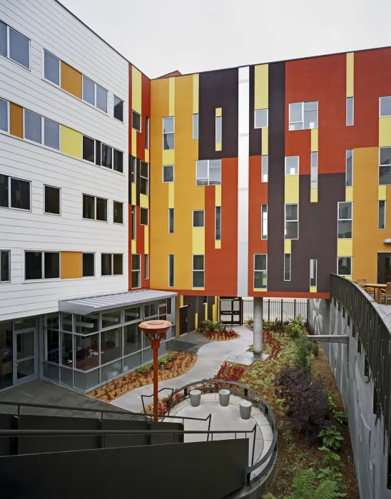 Looking out into the entry courtyard at Armstrong Place Senior in San Francisco.