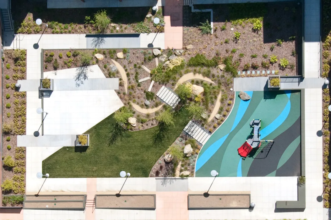 Aerial view of the playground and courtyard at Armstrong Place in San Francisco.