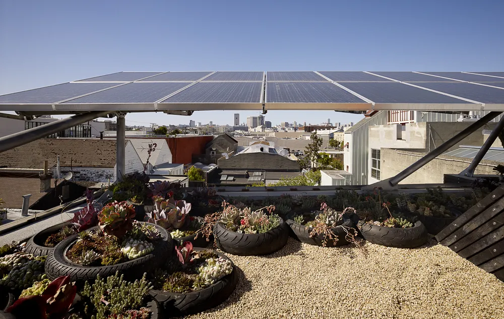 Vegetated roof, with motorcycle tires as the planters and solar panels on Zero Cottage in San Francisco.