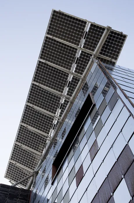 Looking up to the solar panels at Zero Cottage in San Francisco.