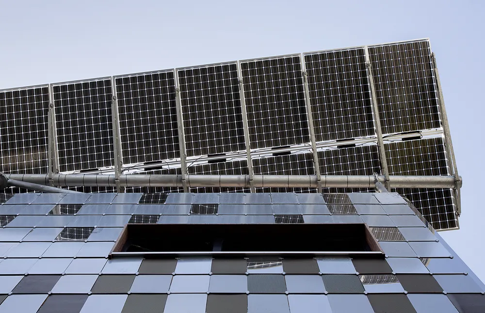 Looking up to the solar panels at Zero Cottage in San Francisco.