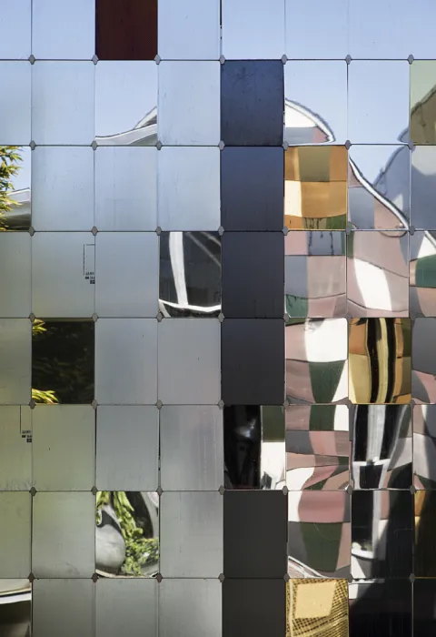 Close up of matte and shiny reflective tiles on Zero Cottage in San Francisco.. 