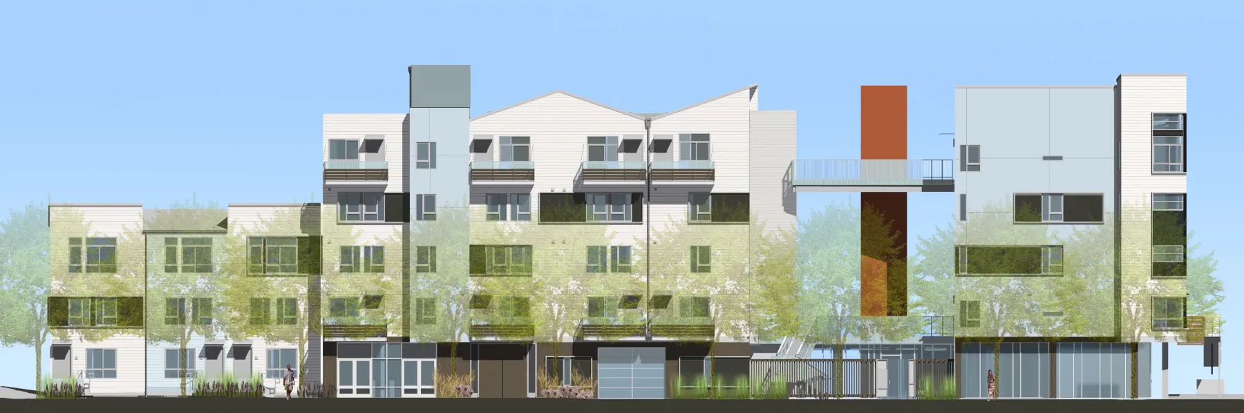 Rendering of elevation with townhouses at Bancroft Avenue for Armstrong Place in San Francisco.