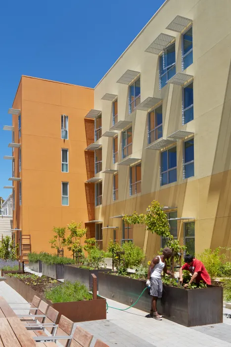 Courtyard and community garden at Bayview Hill Gardens in San Francisco, Ca.