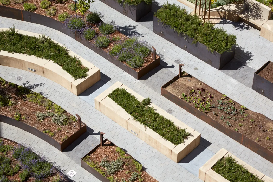 Bird's-eye view of the courtyard at Bayview Hill Gardens in San Francisco, Ca.