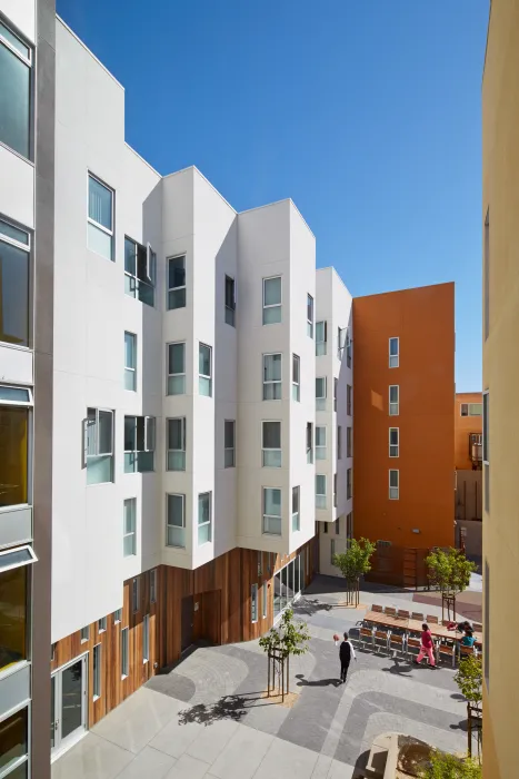 View of the courtyard from above at Bayview Hill Gardens in San Francisco, Ca.