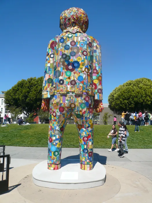 Large multi-colored sculpture in the park across from Columbia Park in San Francisco. 