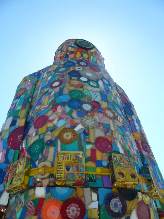 Detail view of the large multi-colored sculpture at the park across the street from Columbia Park in San Francisco. 