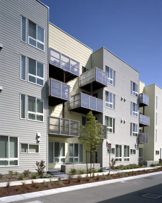 Exterior view of the private balconies at Ironhorse at Central Station in Oakland, California.