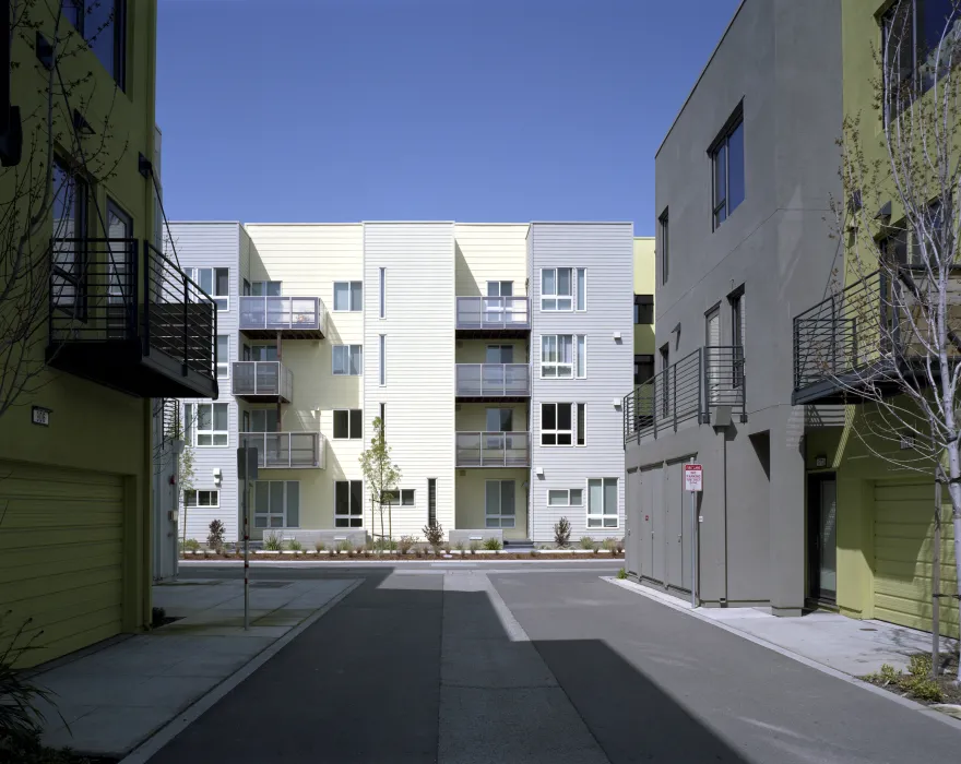 Zephyr Gate Drive elevation and private balconies at Ironhorse at Central Station in Oakland, California.