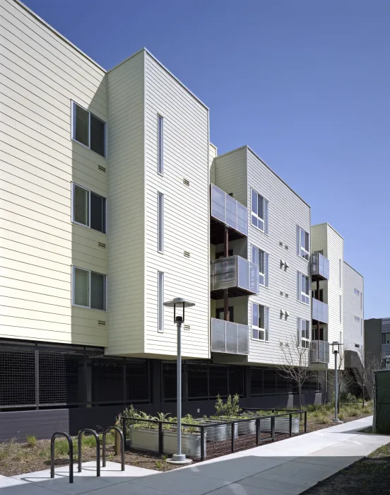 Exterior view of the pedestrian mews at Ironhorse at Central Station in Oakland, California.