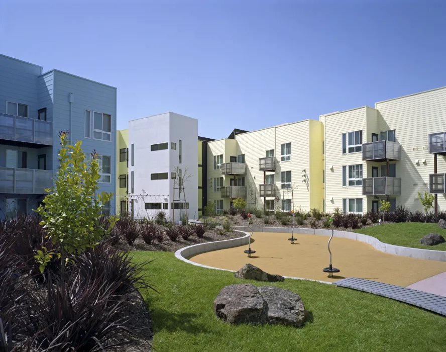 Exterior view of the resident courtyard at Ironhorse at Central Station in Oakland, California.