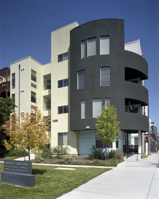 View of the curved entry bay at Paseo Senter in San Jose, California.