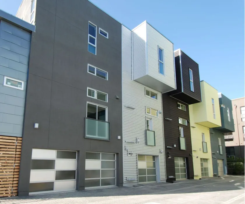 View of the townhouses and garages at Blue Star Corner in Emeryville, Ca.