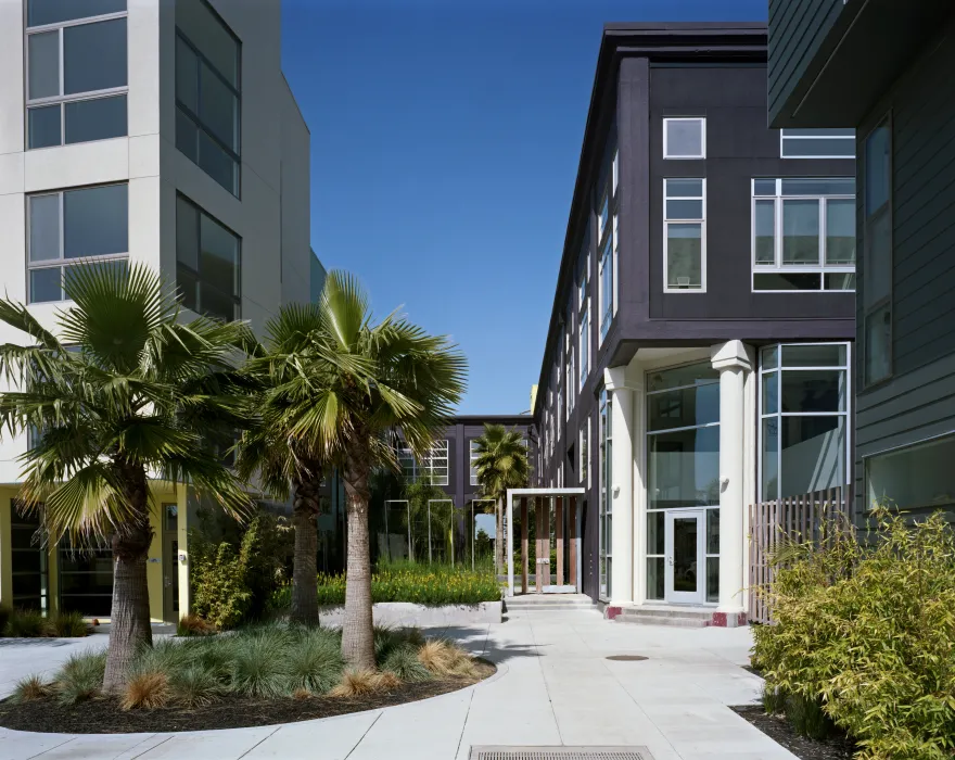 Exterior view of the entry to Pacific Cannery Lofts in Oakland, California.