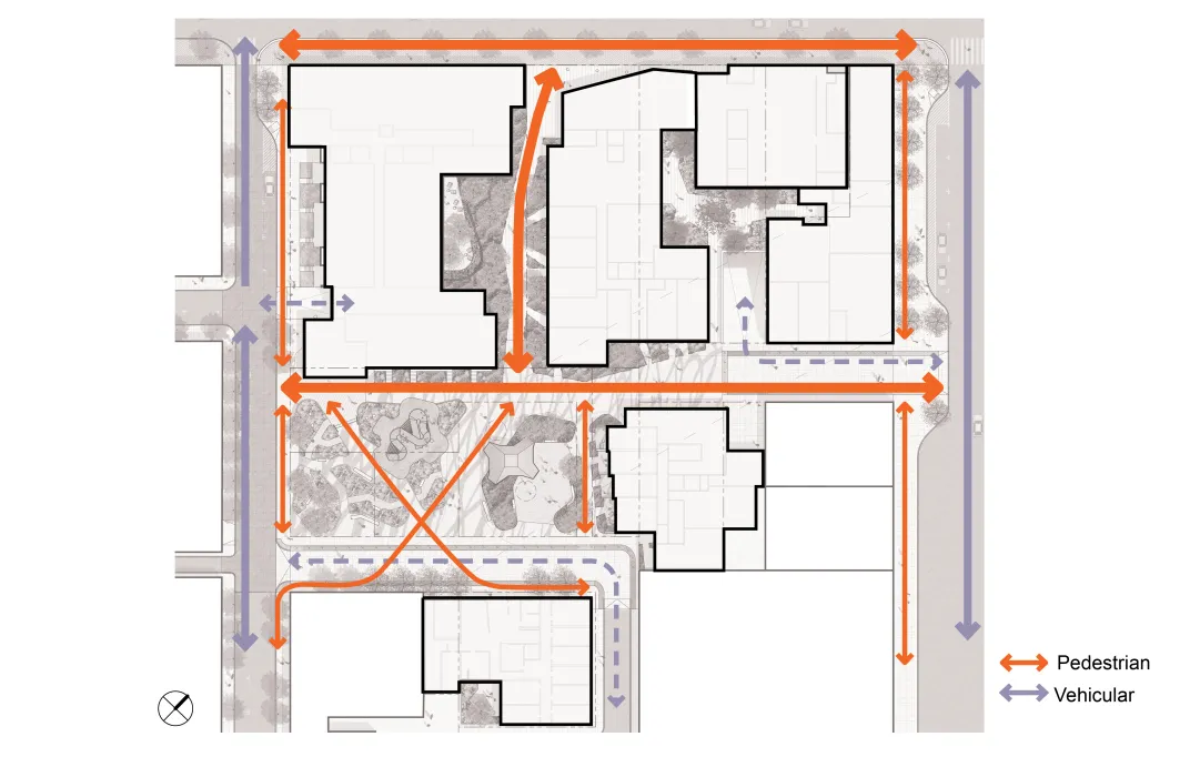 Diagram of site circulation and porosity for Brady Block development in San Francisco.