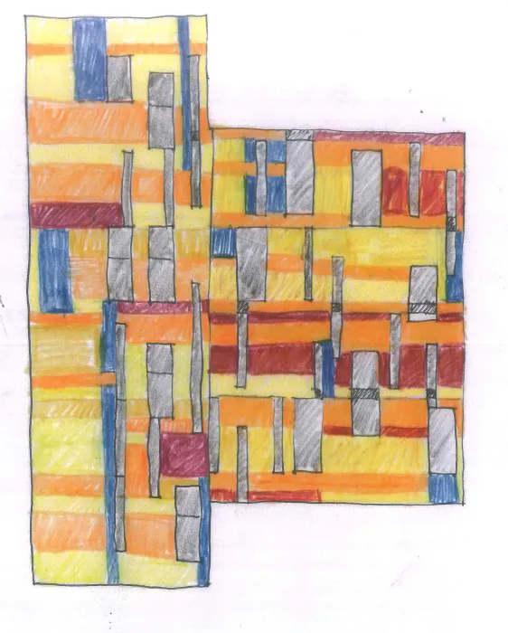 Sketch with blue, orange, yellow and red colors for the exterior of Armstrong Place Senior in San Francisco.