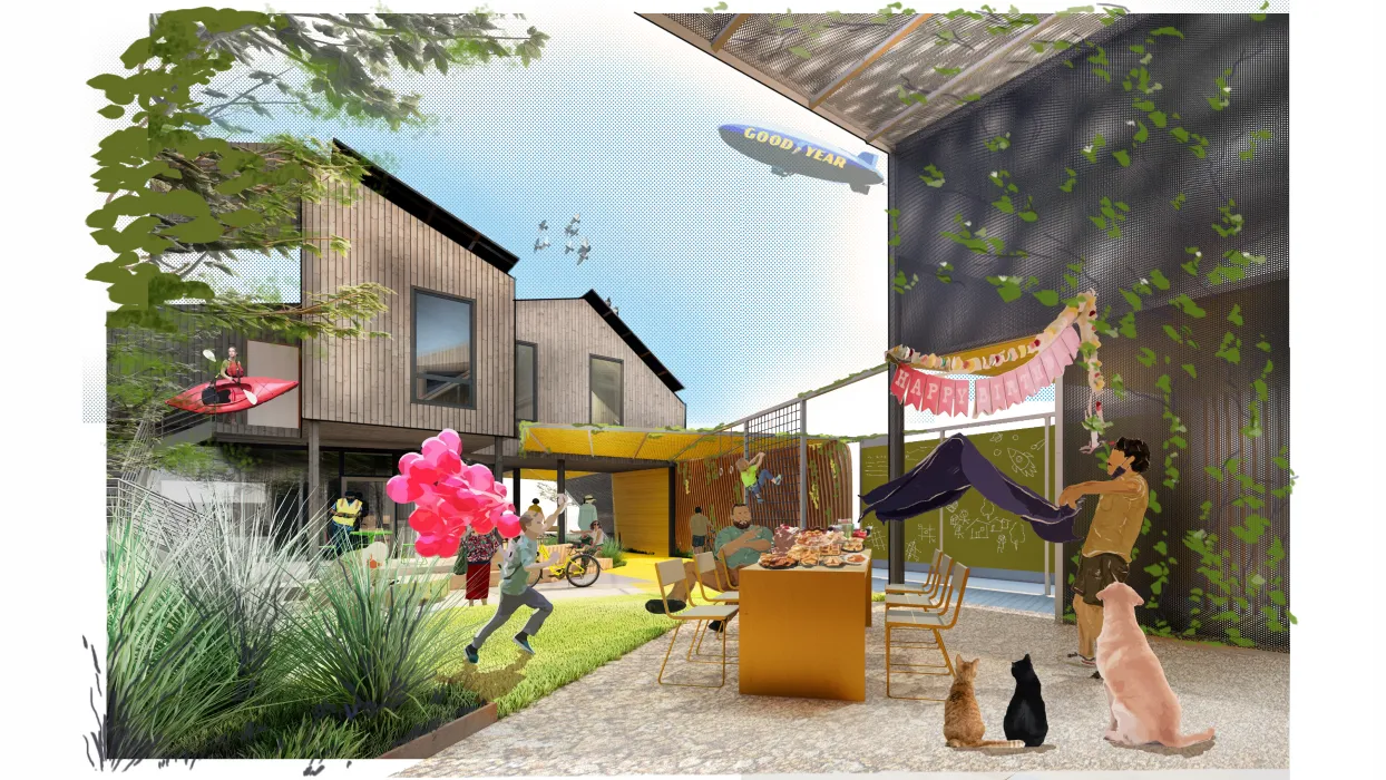 Rendering of the courtyard for More-Plex, a competition entry for kit-of-parts collaborative housing.