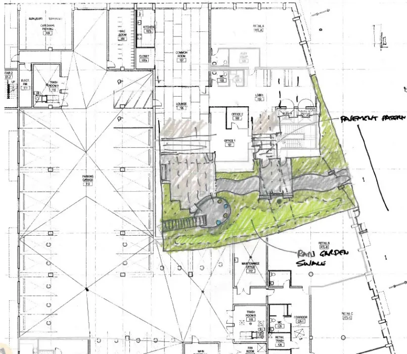 Sketch of the courtyard for Armstrong Place Senior in San Francisco.