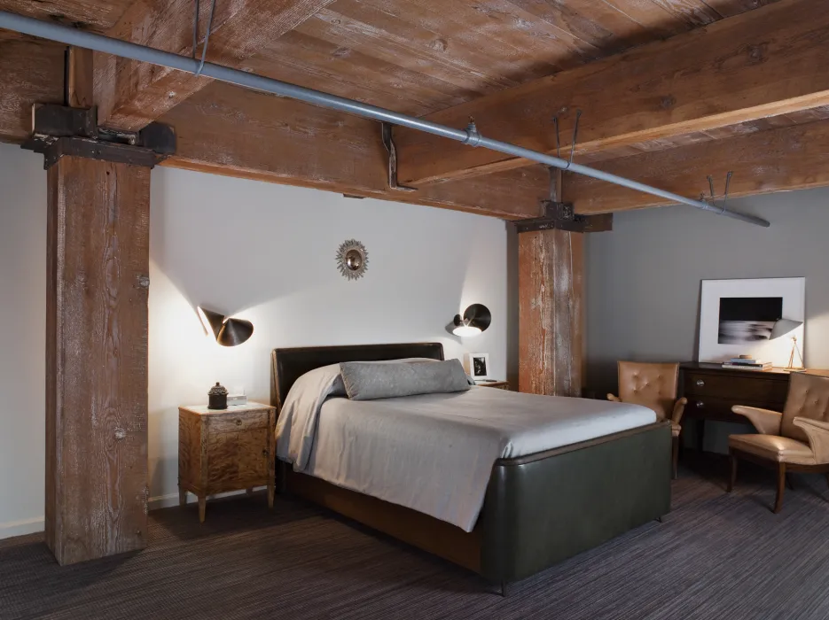 Loft interior of the bedroom at 355 Bryant Lofts in San Francisco.