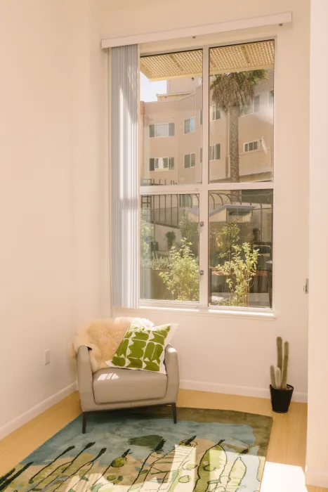 Seating area inside a unit Bayview Hill Gardens in San Francisco, Ca.