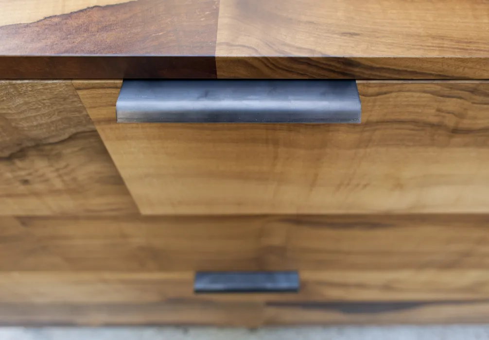 Close-up of custom credenza prototype drawer handles for Hotel Healdsburg in Healdsburg, Ca.